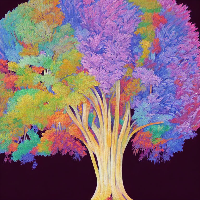 Colorful Stylized Tree Painting with Rainbow Leaves on Dark Background