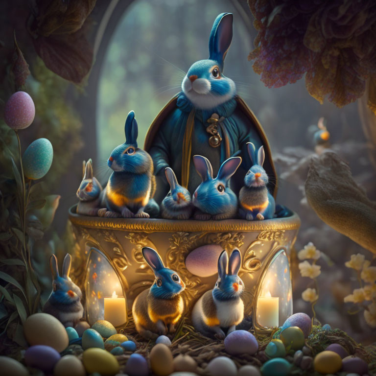 Fantasy scene featuring blue rabbits, golden pedestal, Easter eggs, and lush vegetation