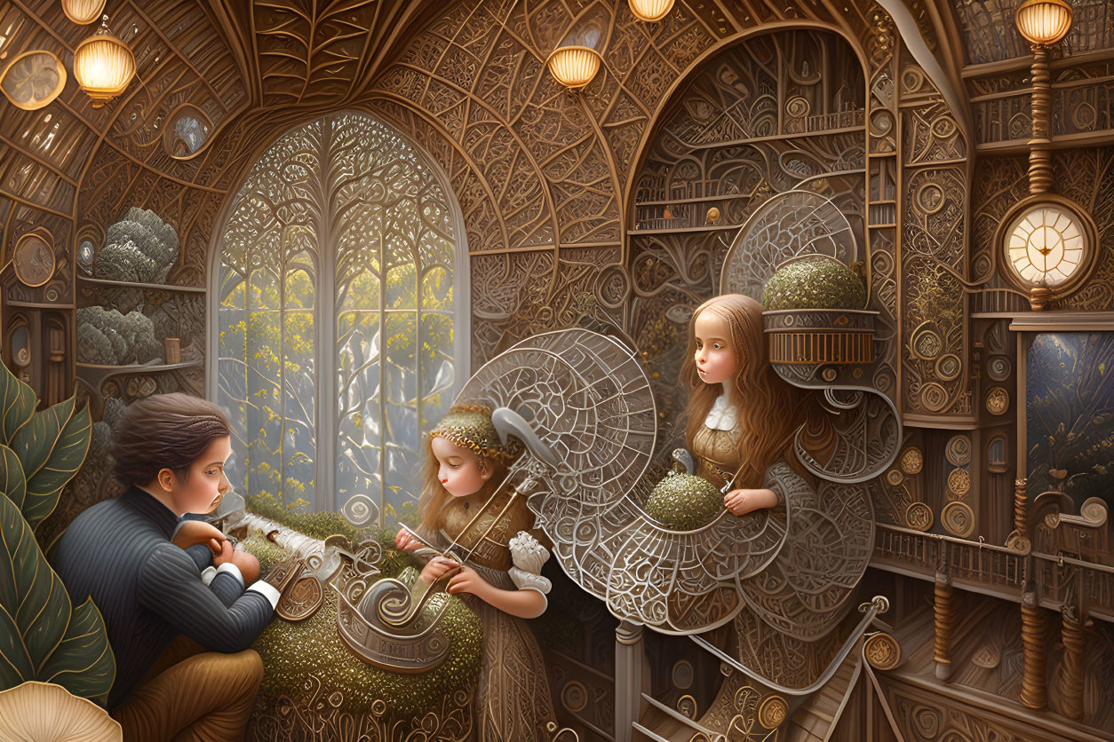 Fantasy scene with three characters in a wooden room filled with gears and fairy-like beings.