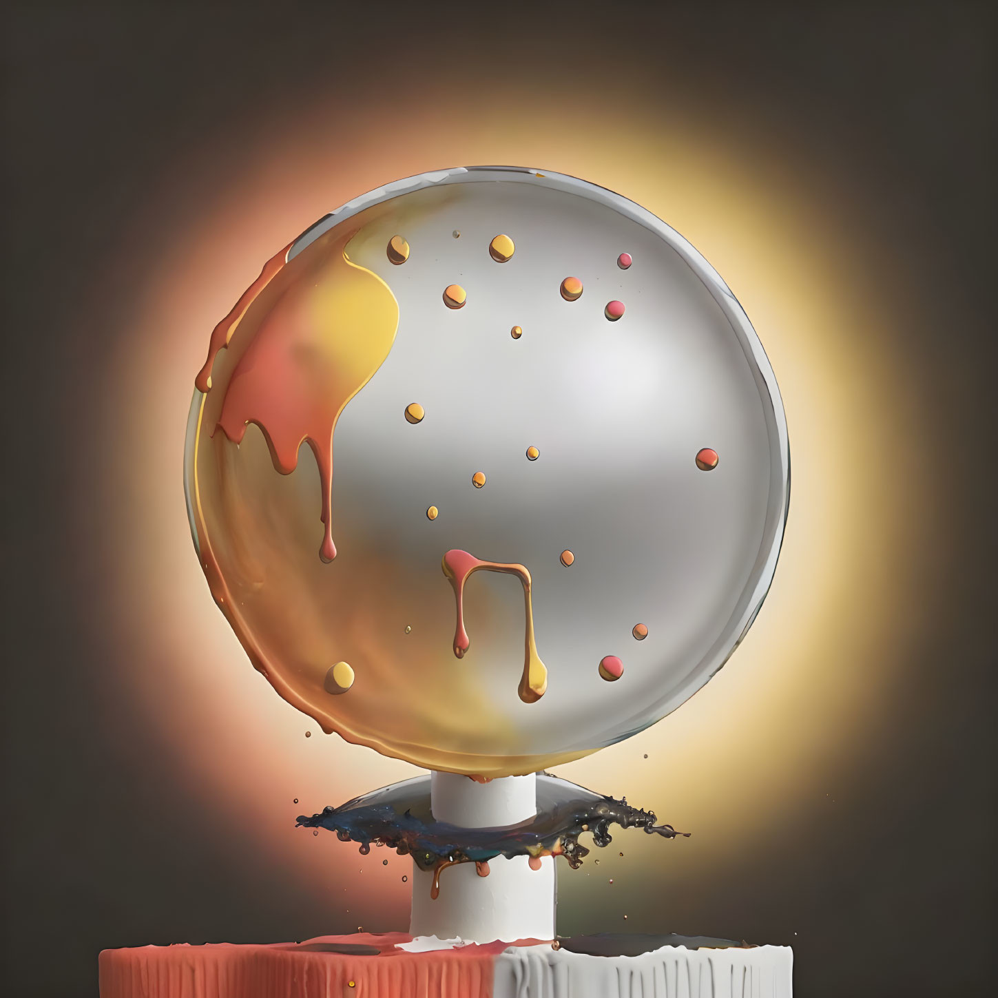 Colorful Paint Drips on Glossy Sphere Pedestal with Dramatic Backdrop