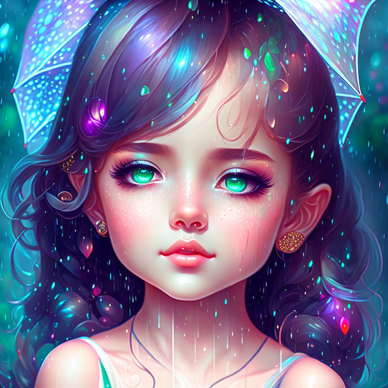 Whimsical girl illustration with turquoise hair and mushroom hat