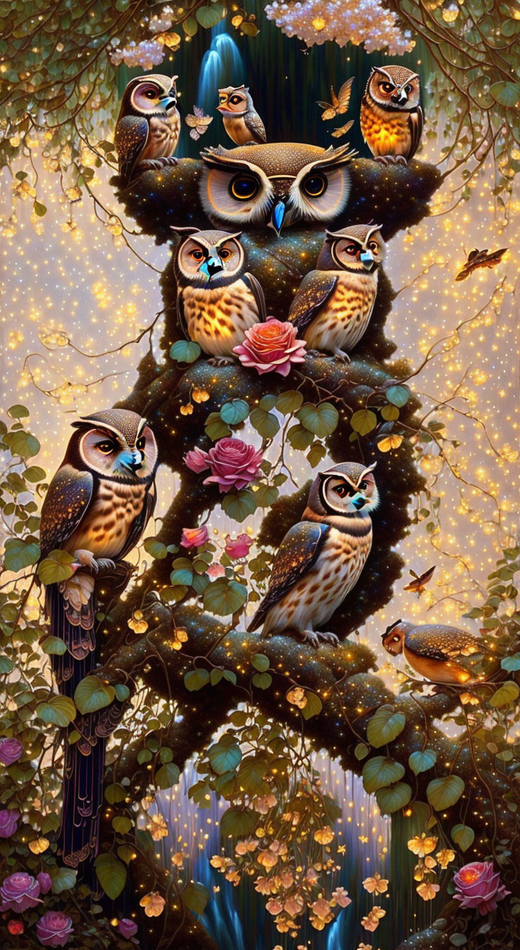 Fantastical image of colorful owls, roses, lights, and a harmonious girl among tree