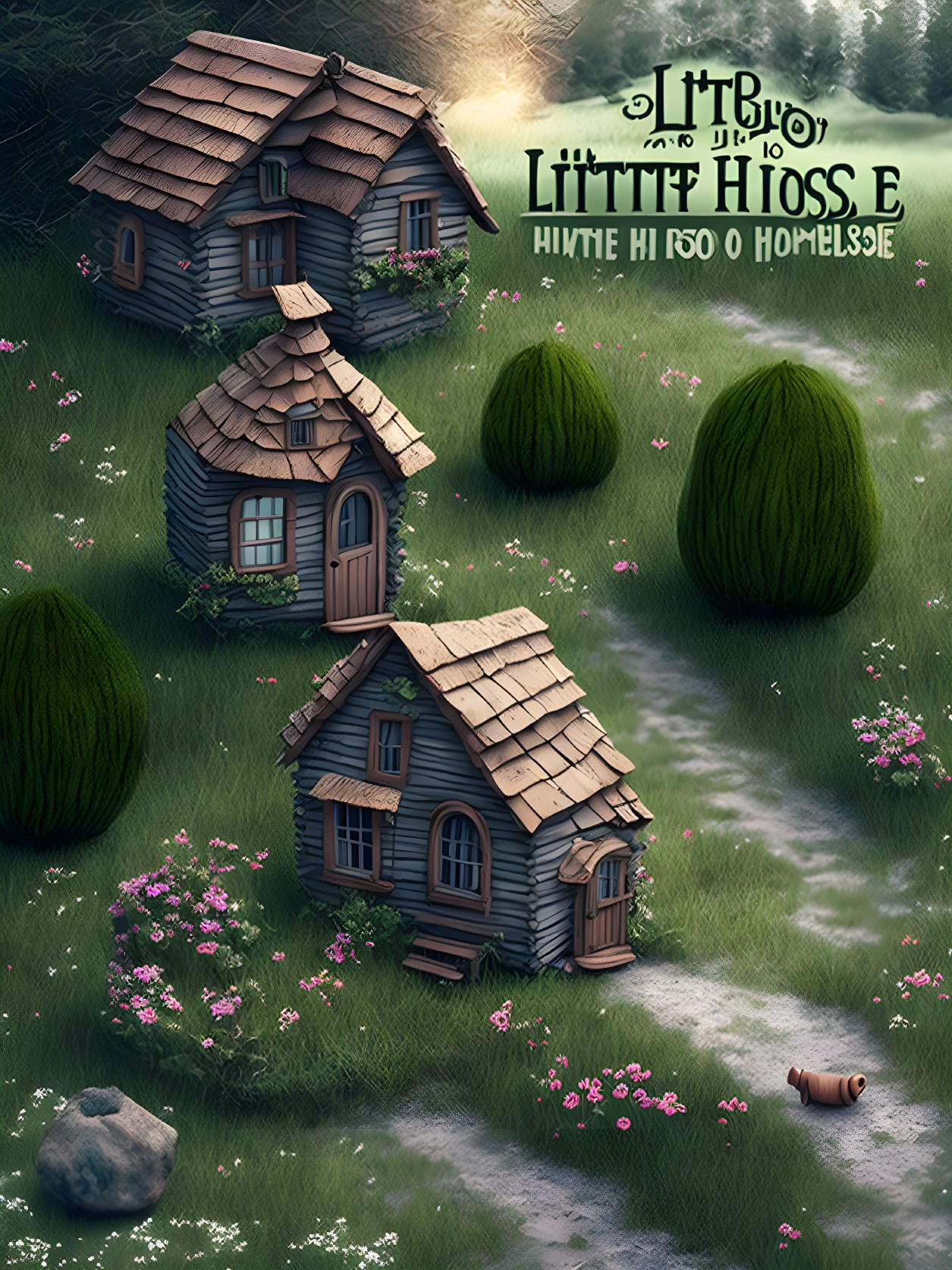 Fantasy landscape with quaint houses and pink flowers in twilight.