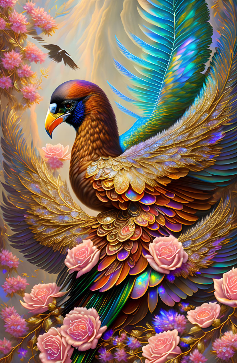 Colorful Fantastical Bird Among Pink Blossoms and Roses