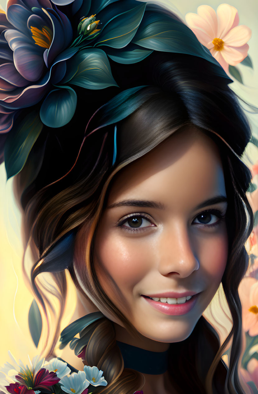 Colorful flowers adorn young woman's digital portrait.