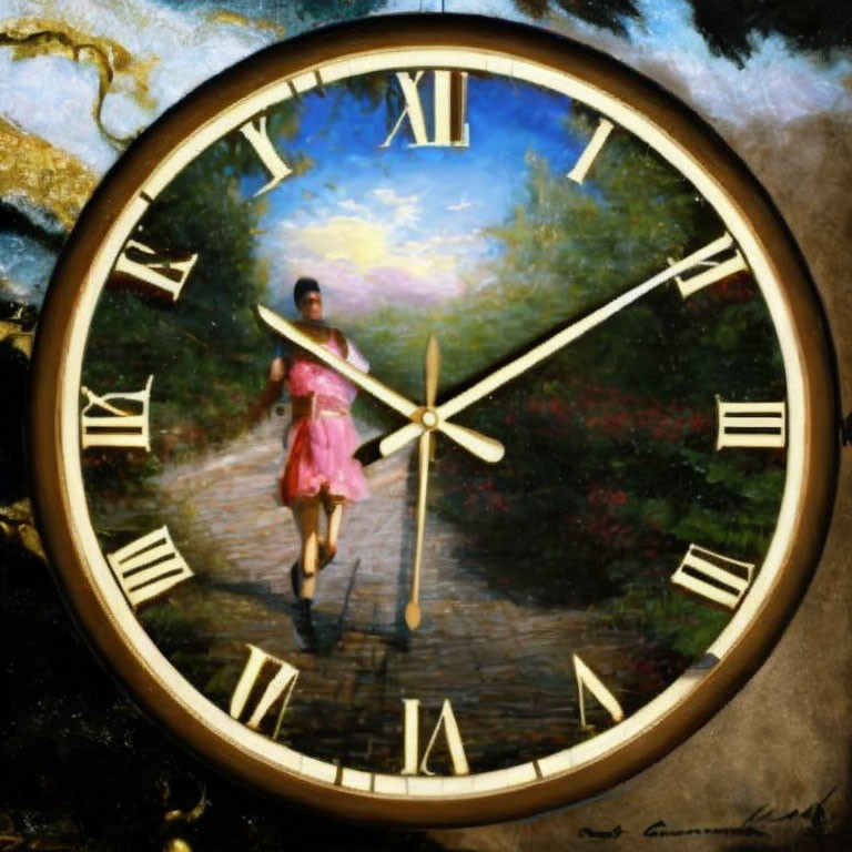 Surreal painting of clock, landscape, and woman walking, blending time and motion