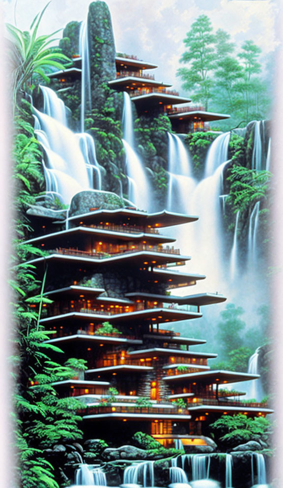 Futuristic multi-level structure in lush waterfall landscape