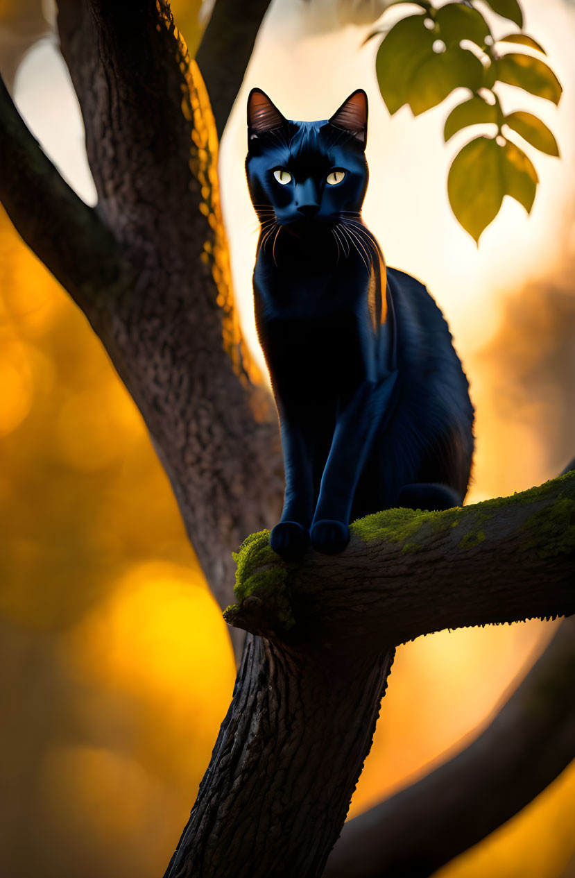 Black Cat with Striking Eyes Perched on Tree Branch