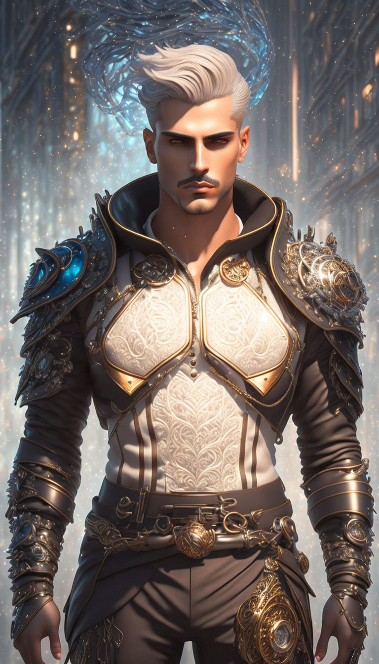 Stylized male character in silver hair, ornate fantasy armor with gold and blue accents, against