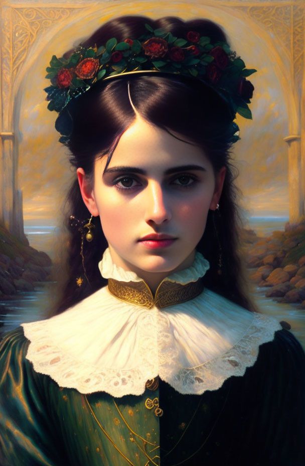 Woman with Rose Wreath in Hair, Green Dress Portrait