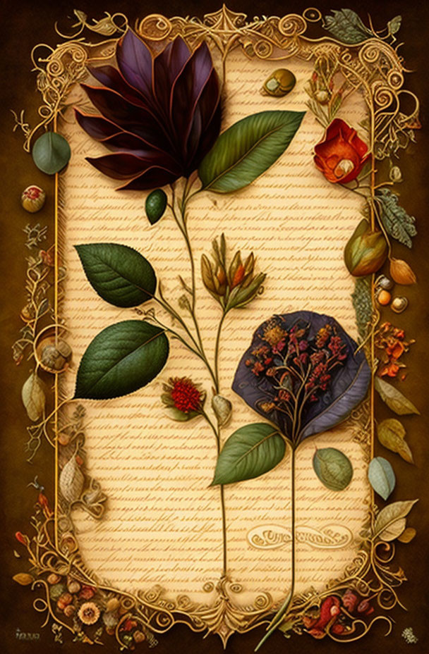 Botanical illustration of plants and dark flower on parchment background