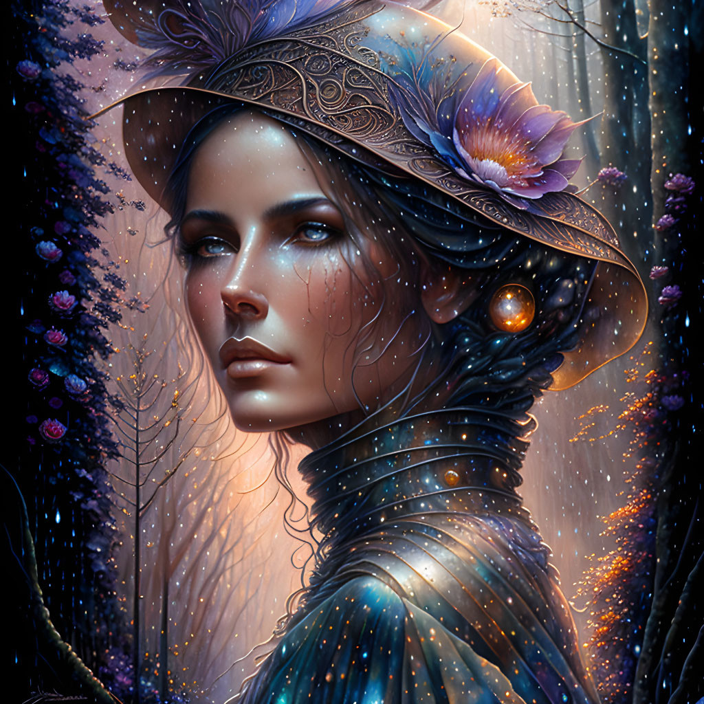 Woman in Blue Attire with Decorated Hat in Mystical Forest Scene