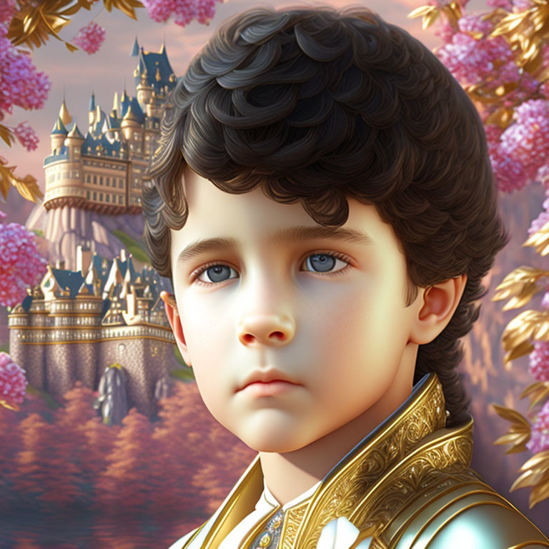 Young Boy Portrait in Golden Royal Attire with Fantasy Castle Background