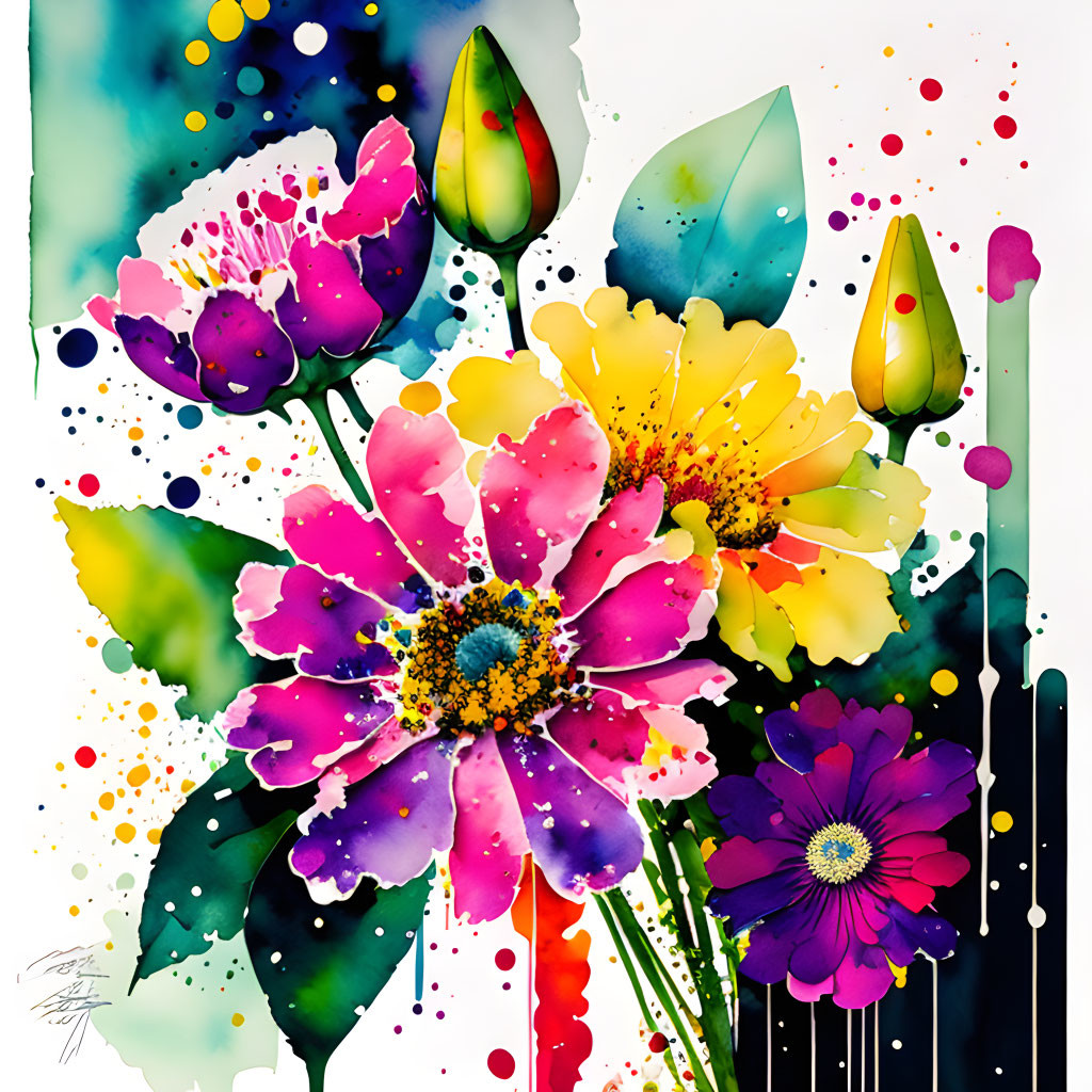 Colorful Watercolor Painting of Vibrant Flower Bouquet