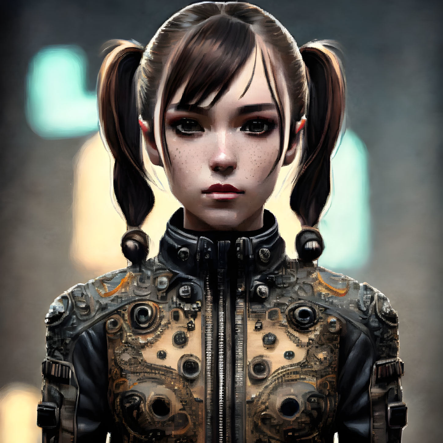 Digital artwork of female character with pigtails, freckles, and futuristic mechanical bodysuit