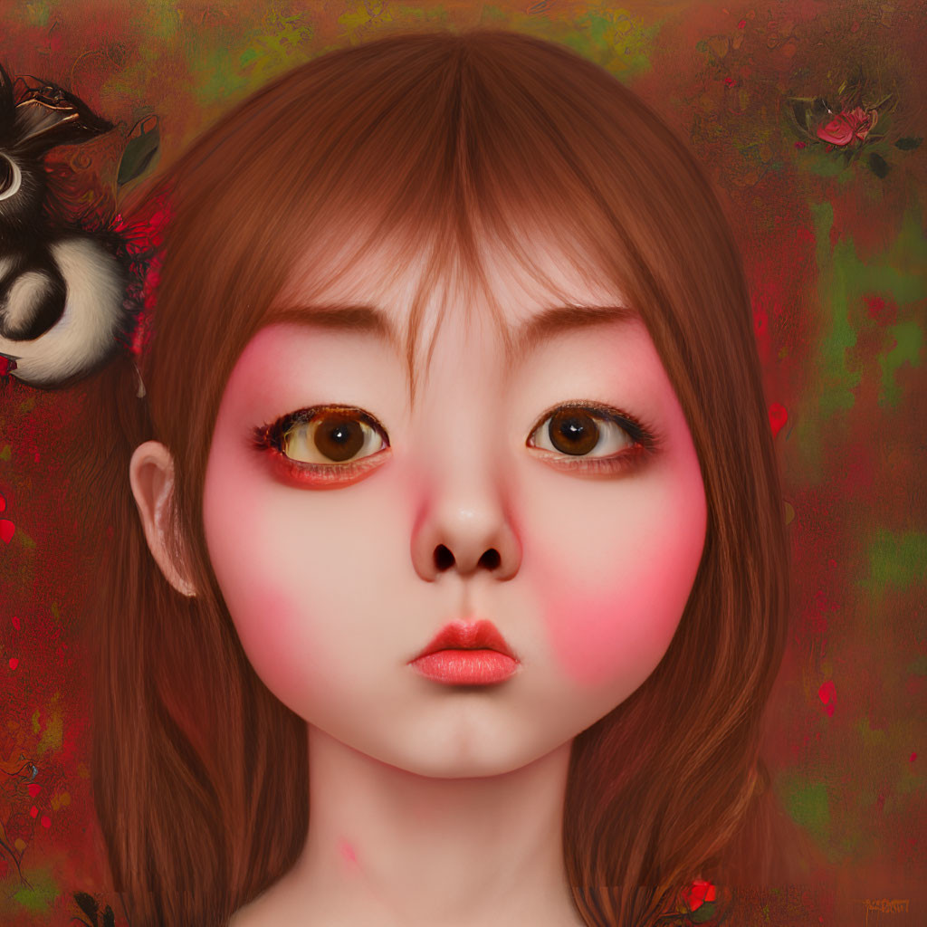 Detailed digital artwork featuring a girl with large brown eyes and rosy cheeks against a backdrop of abstract red