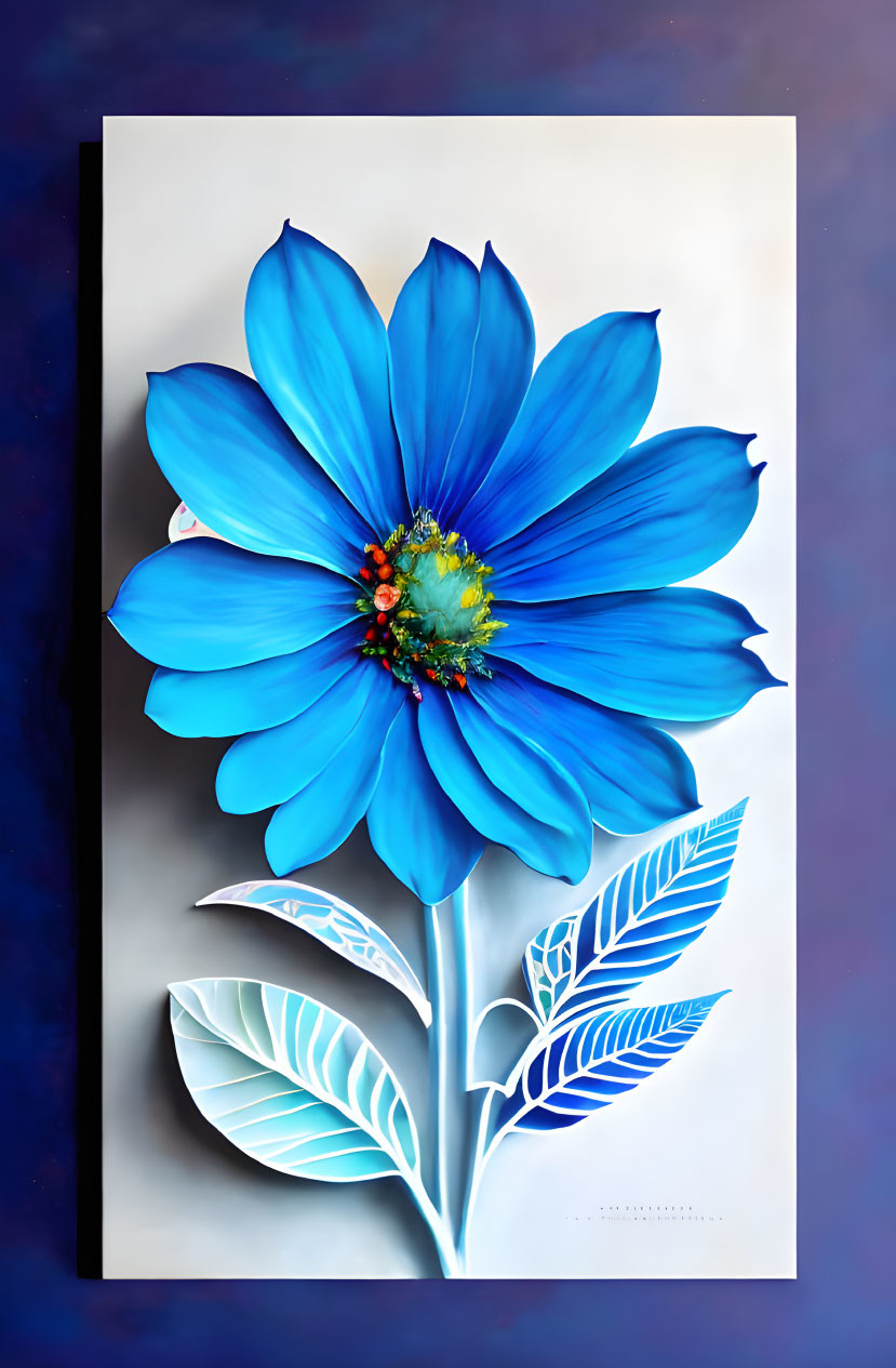 Colorful 3D paper art flower with blue, yellow, and orange details on navy background