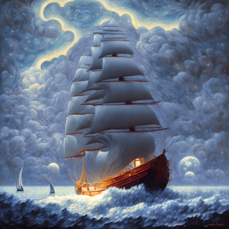 Sailing ship with white sails in turbulent sea under night sky