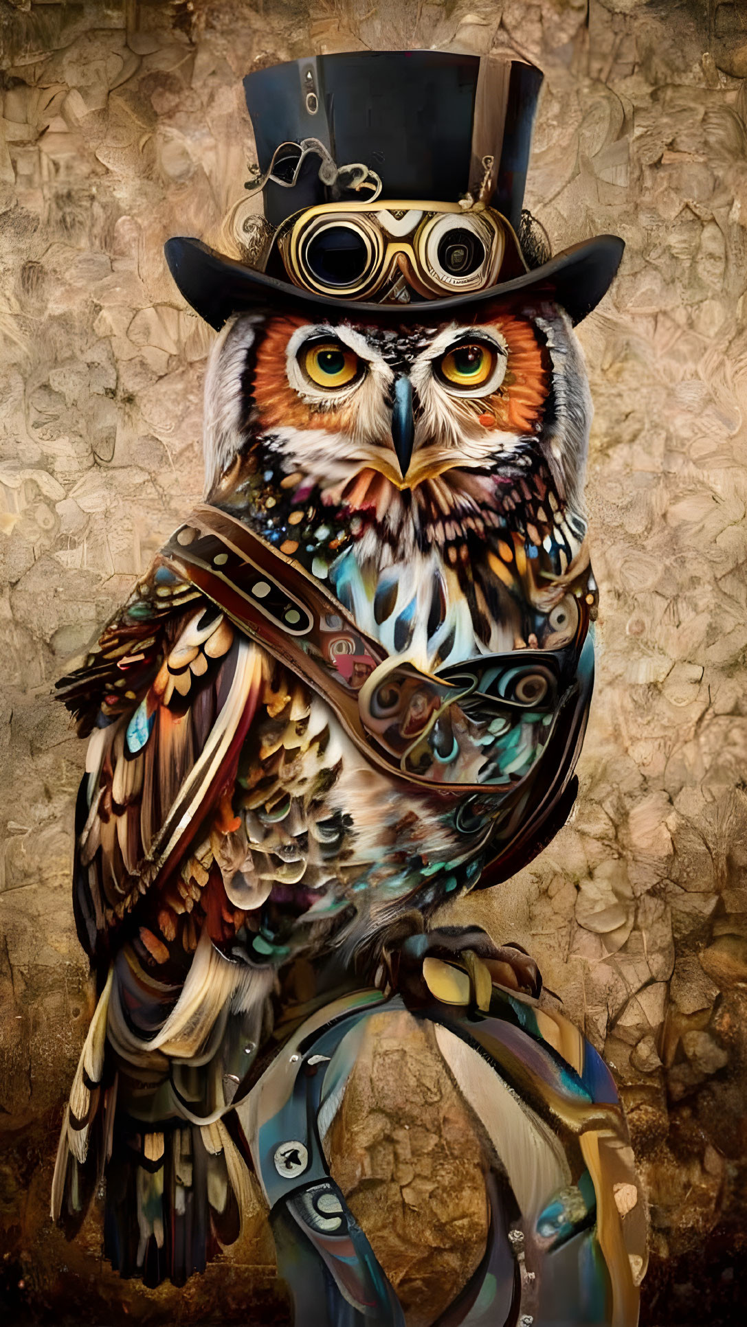 Steampunk owl in top hat and goggles with satchel on textured background