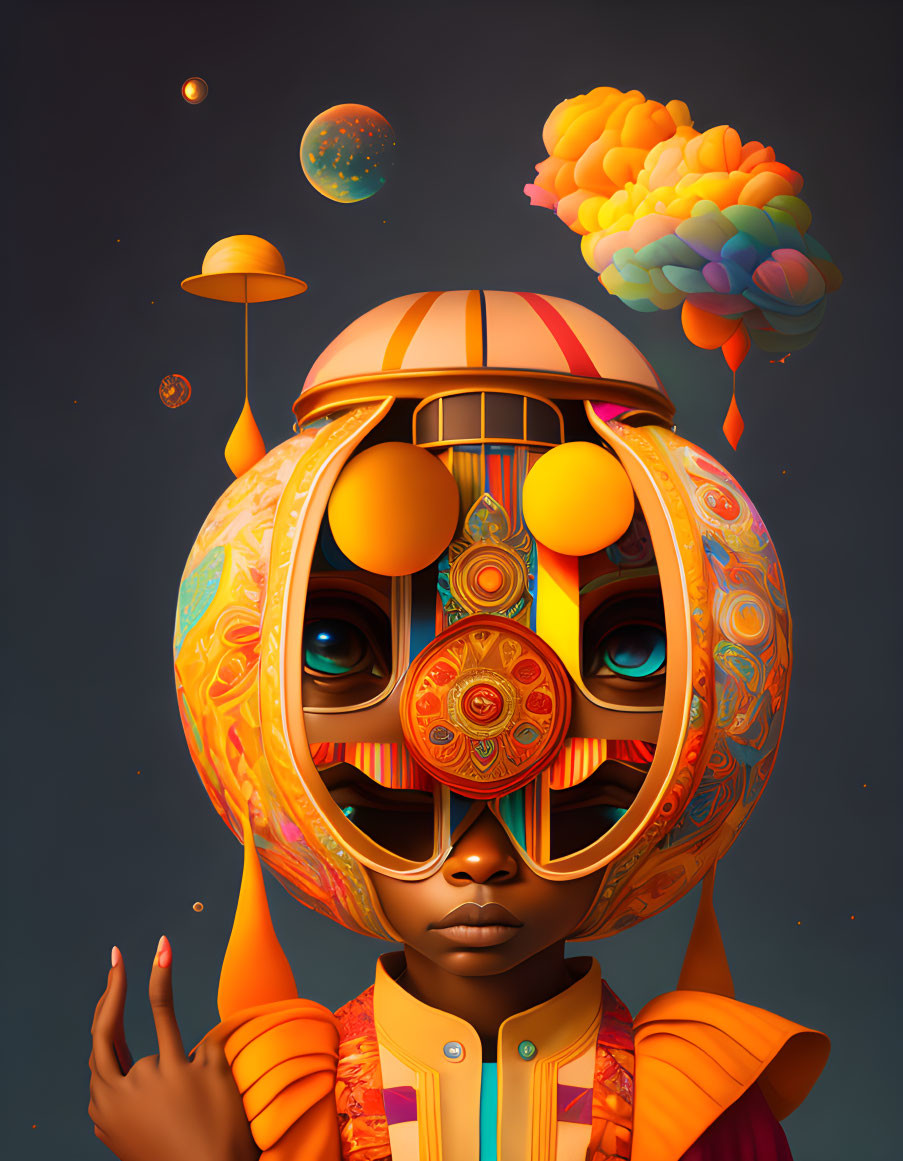 Colorful surreal portrait with ornate helmet and space-themed background