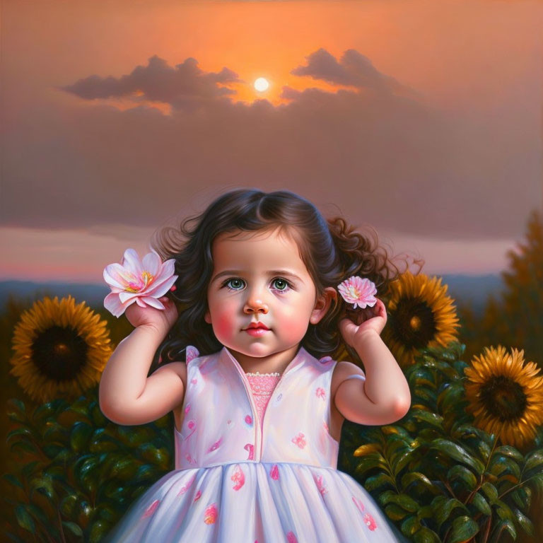 Curly-Haired Girl in Floral Dress Surrounded by Sunflowers at Sunset