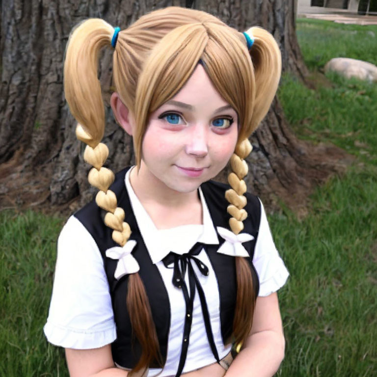 Blonde Cosplayer Smiling in Black and White Outfit