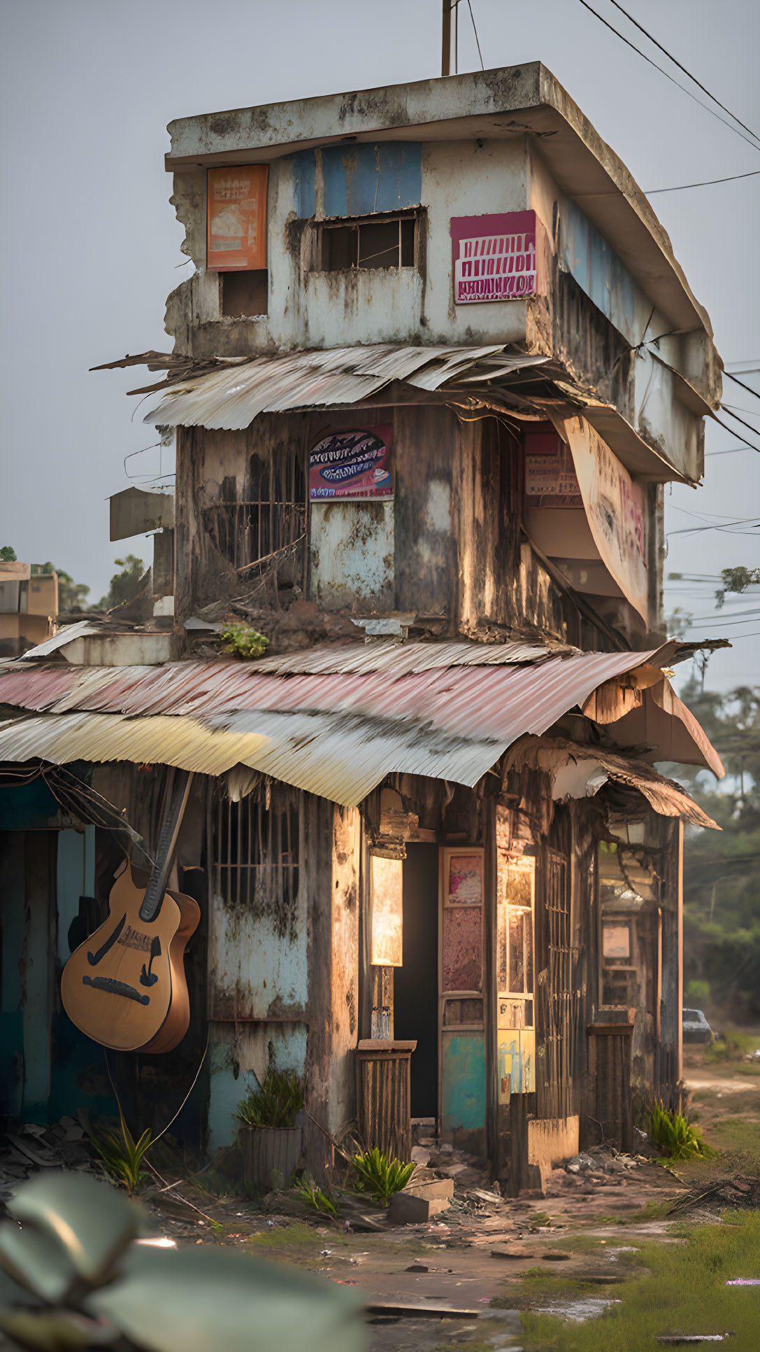 Rusty two-story building with faded signs and guitar ad in soft sunlight