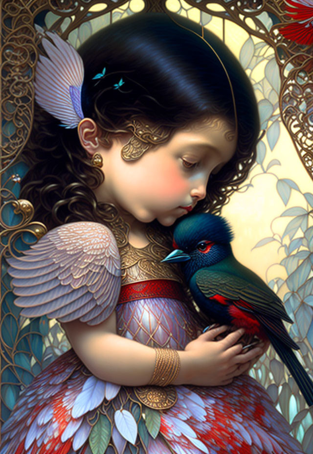 Illustration of young girl with feathered features holding colorful bird in ornate setting