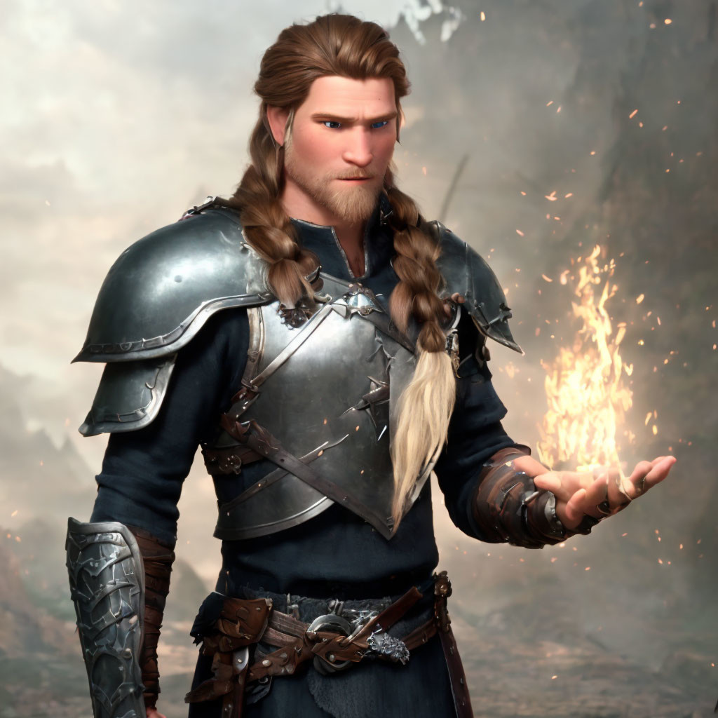 Fantasy warrior digital art: stern-faced, braided hair, silver armor, flame hand.