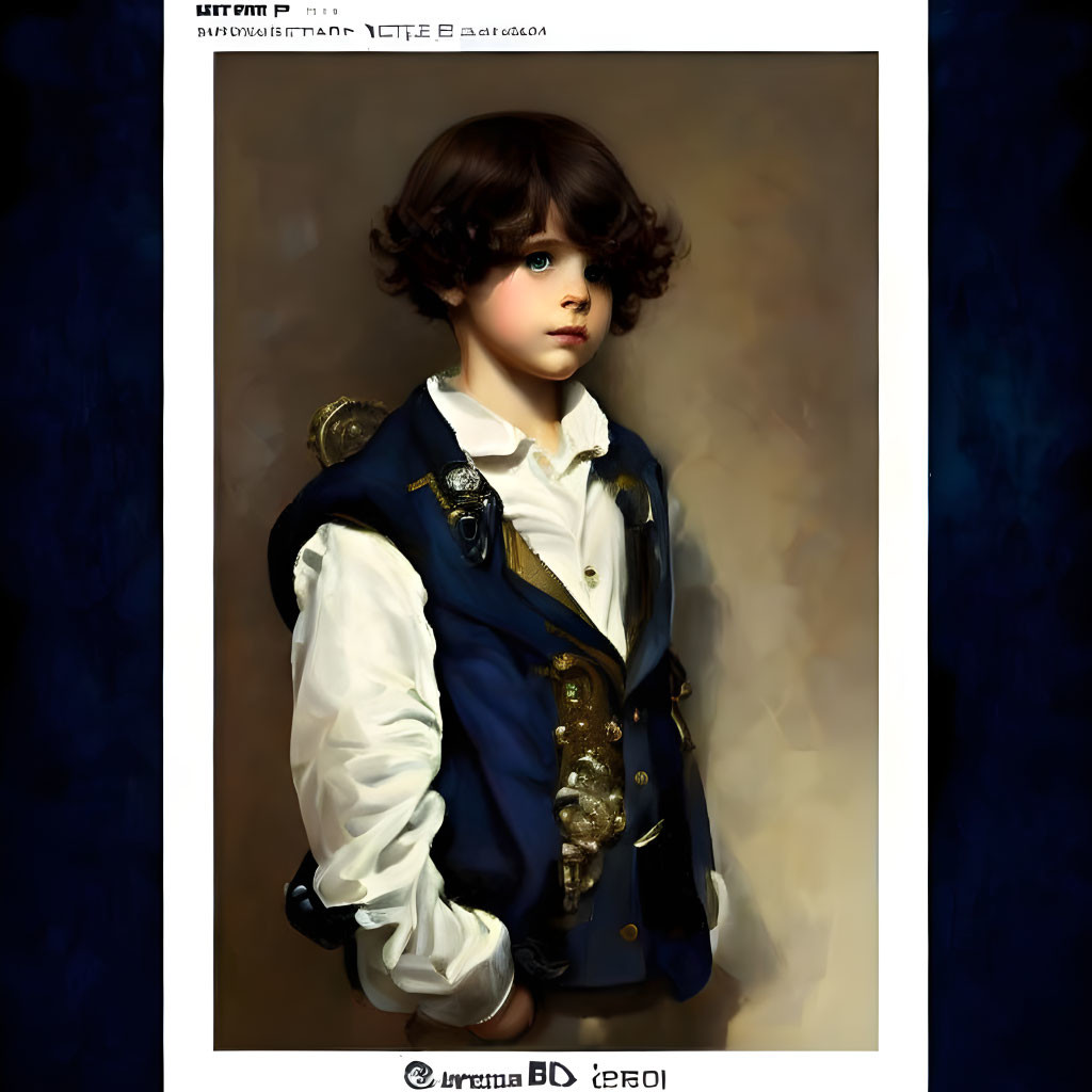 Young child with curly brown hair in white shirt and blue vest with golden embellishments