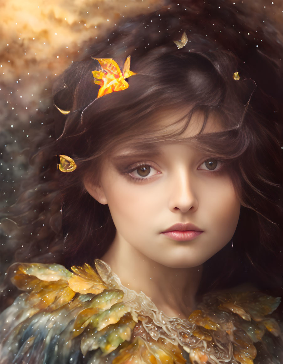 Young woman portrait with butterflies, cosmic backdrop, and golden garment