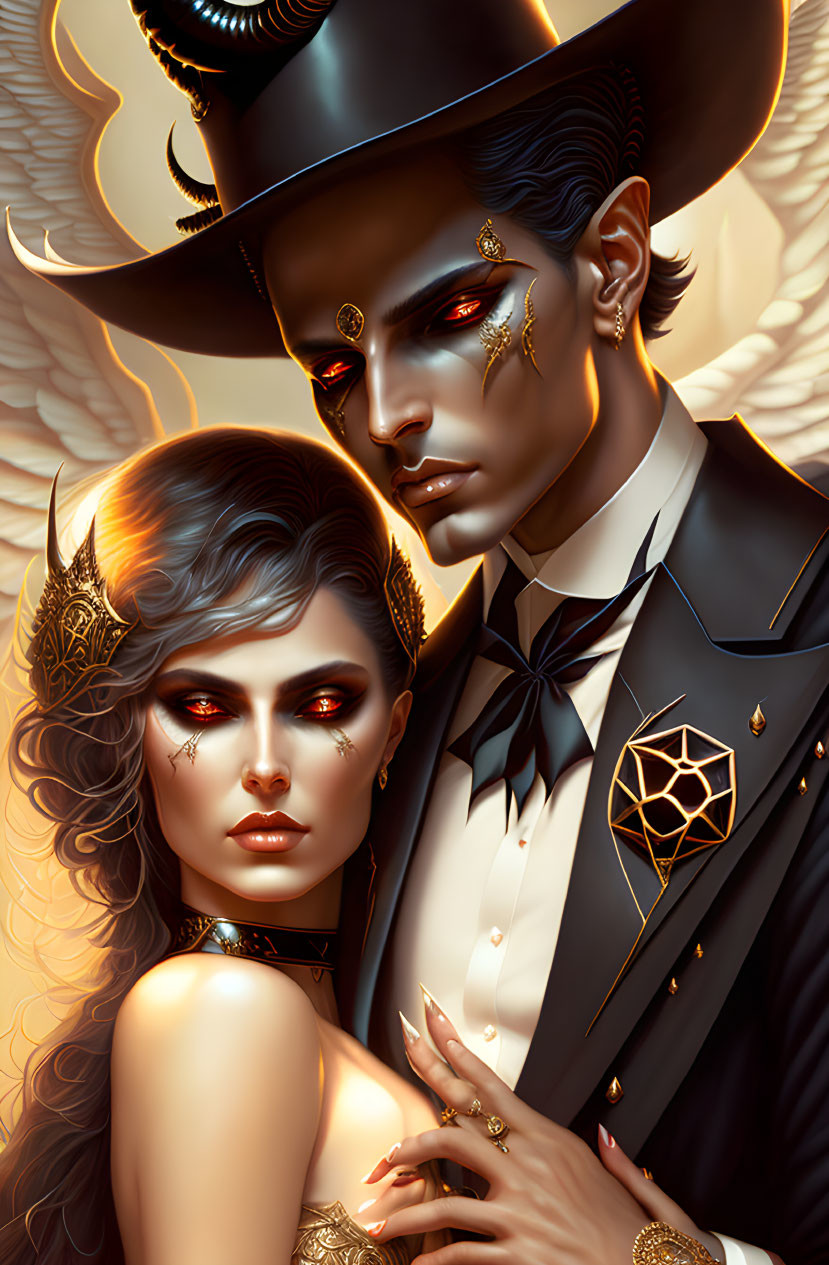 Illustrated gothic couple in ornate attire with striking red eyes