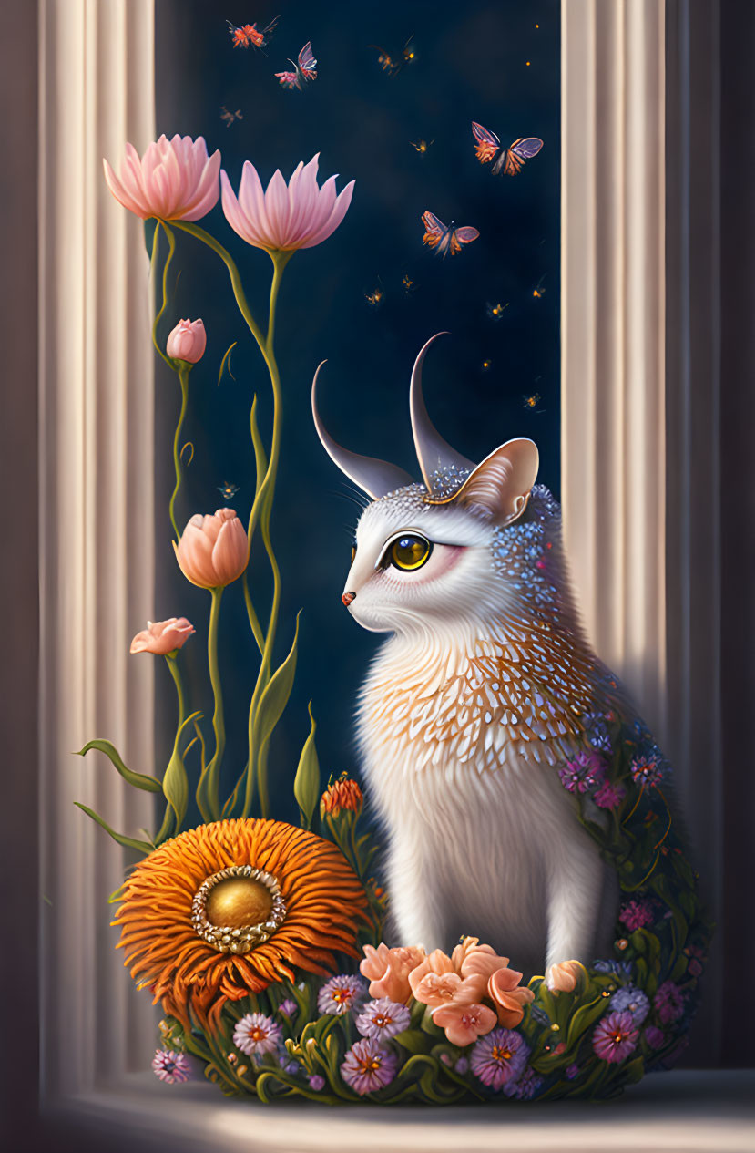 White Cat with Unicorn Horn Surrounded by Flowers and Butterflies in Starry Night Scene