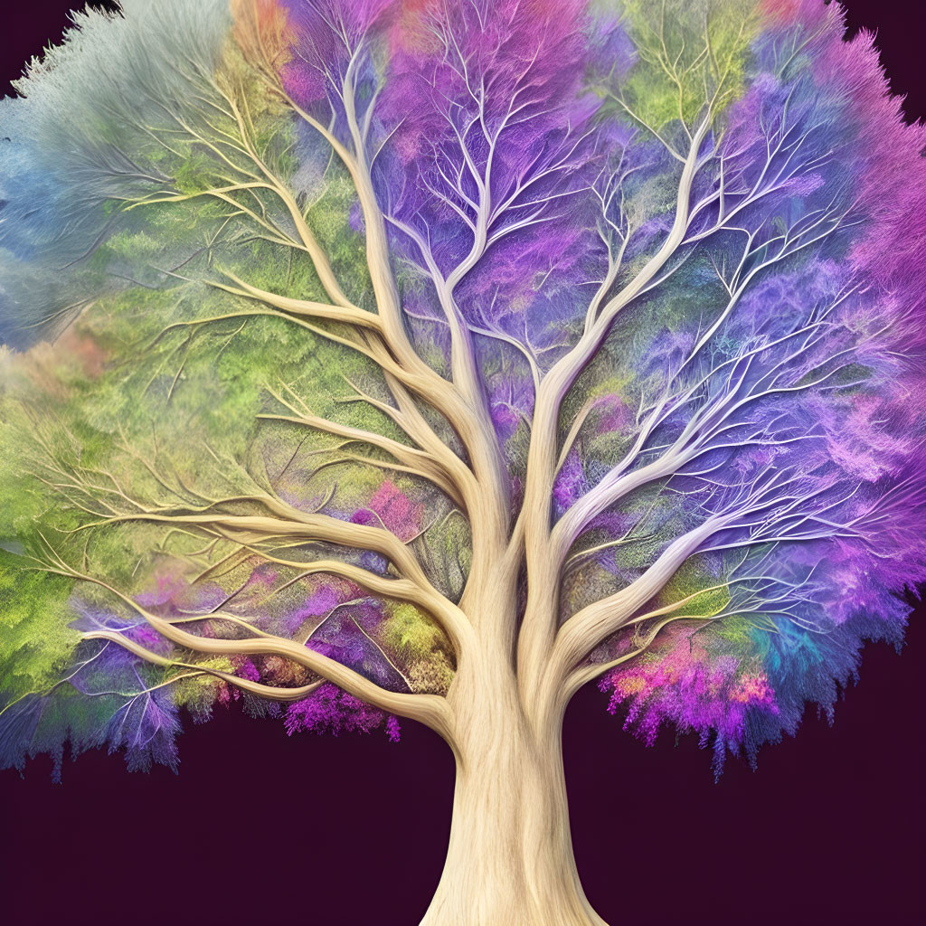 Colorful digital artwork: Detailed tree with multicolored canopy