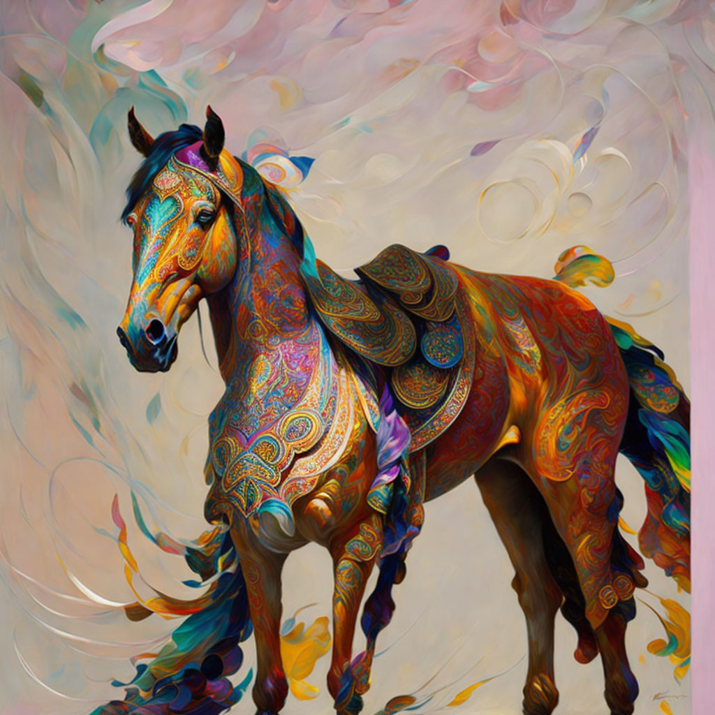 Colorful horse artwork with intricate patterns on soft background