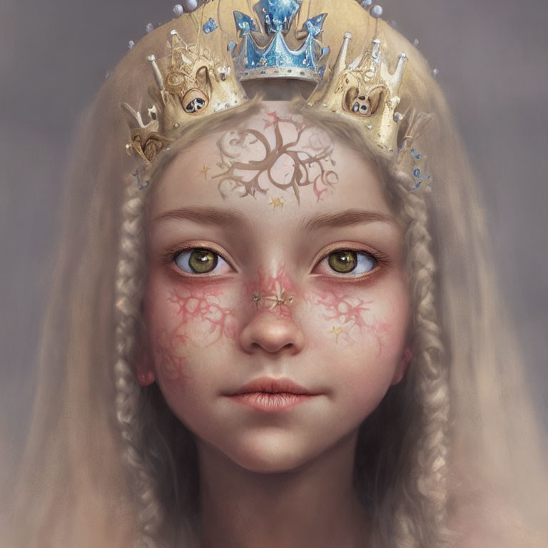 Digital artwork of fair-skinned girl with green eyes, gold crown, and red vein-like patterns