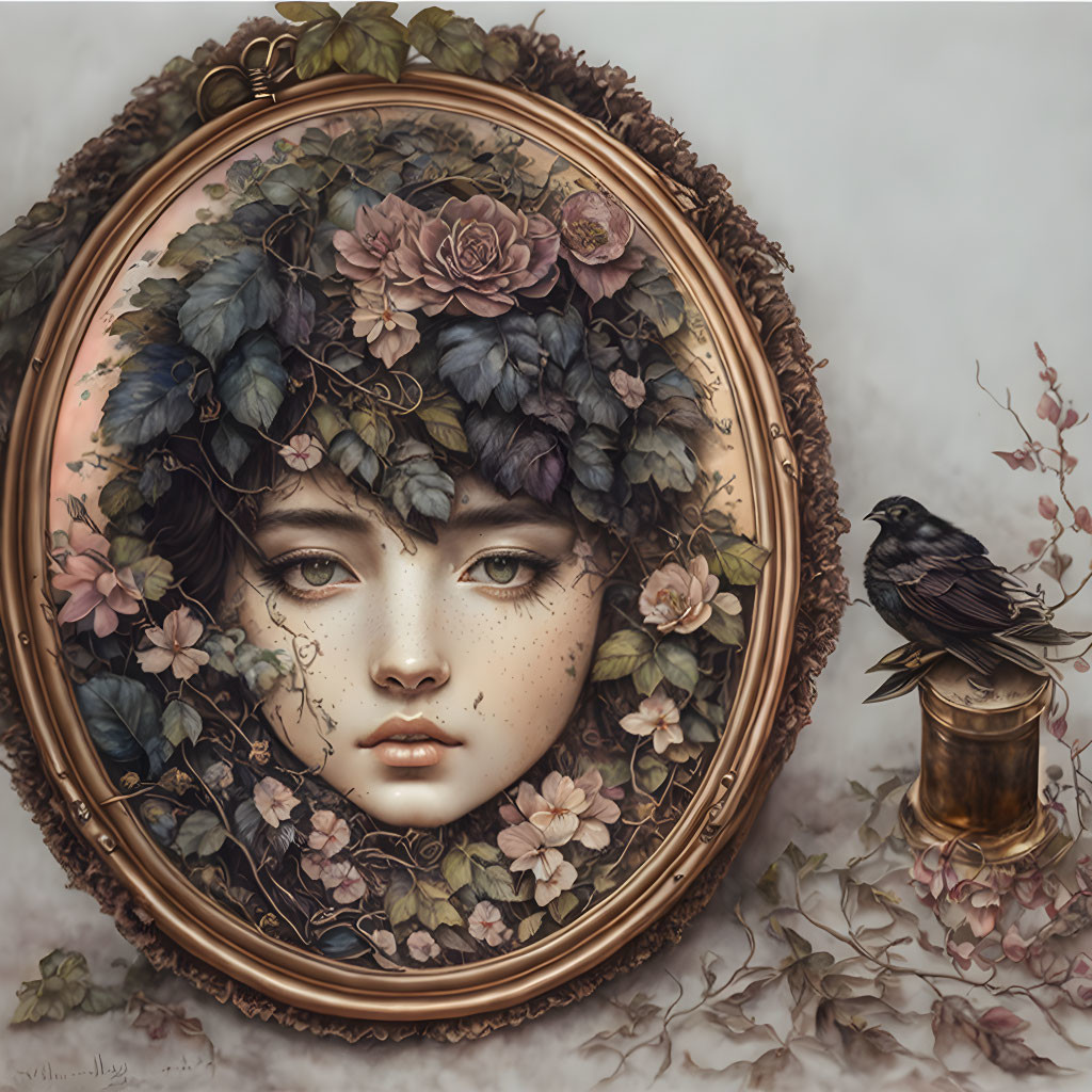 Surreal portrait with face, mirror, greenery, roses, blackbird, and inkpot