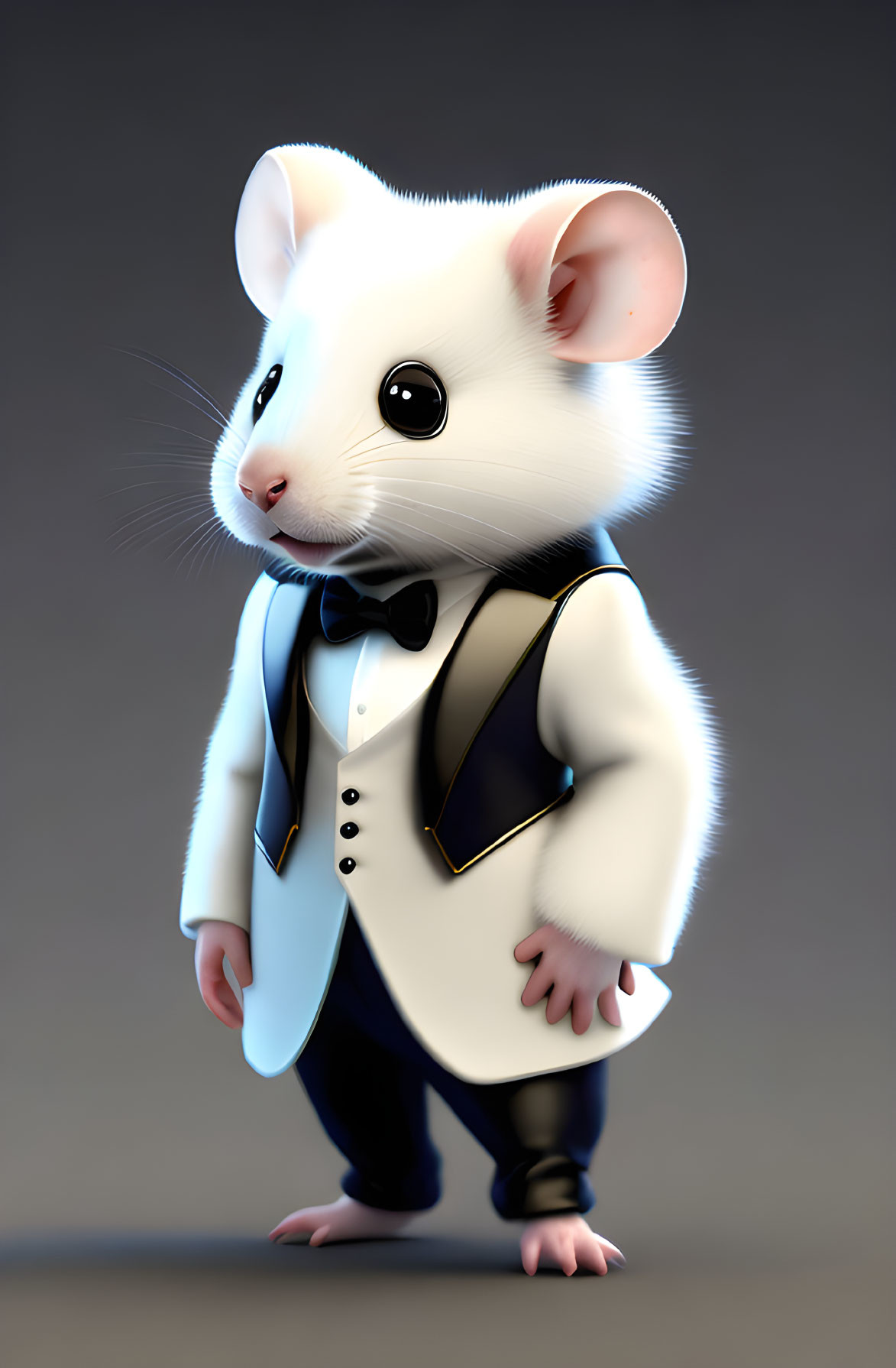 Elegant white mouse in tuxedo with bow tie and suspenders