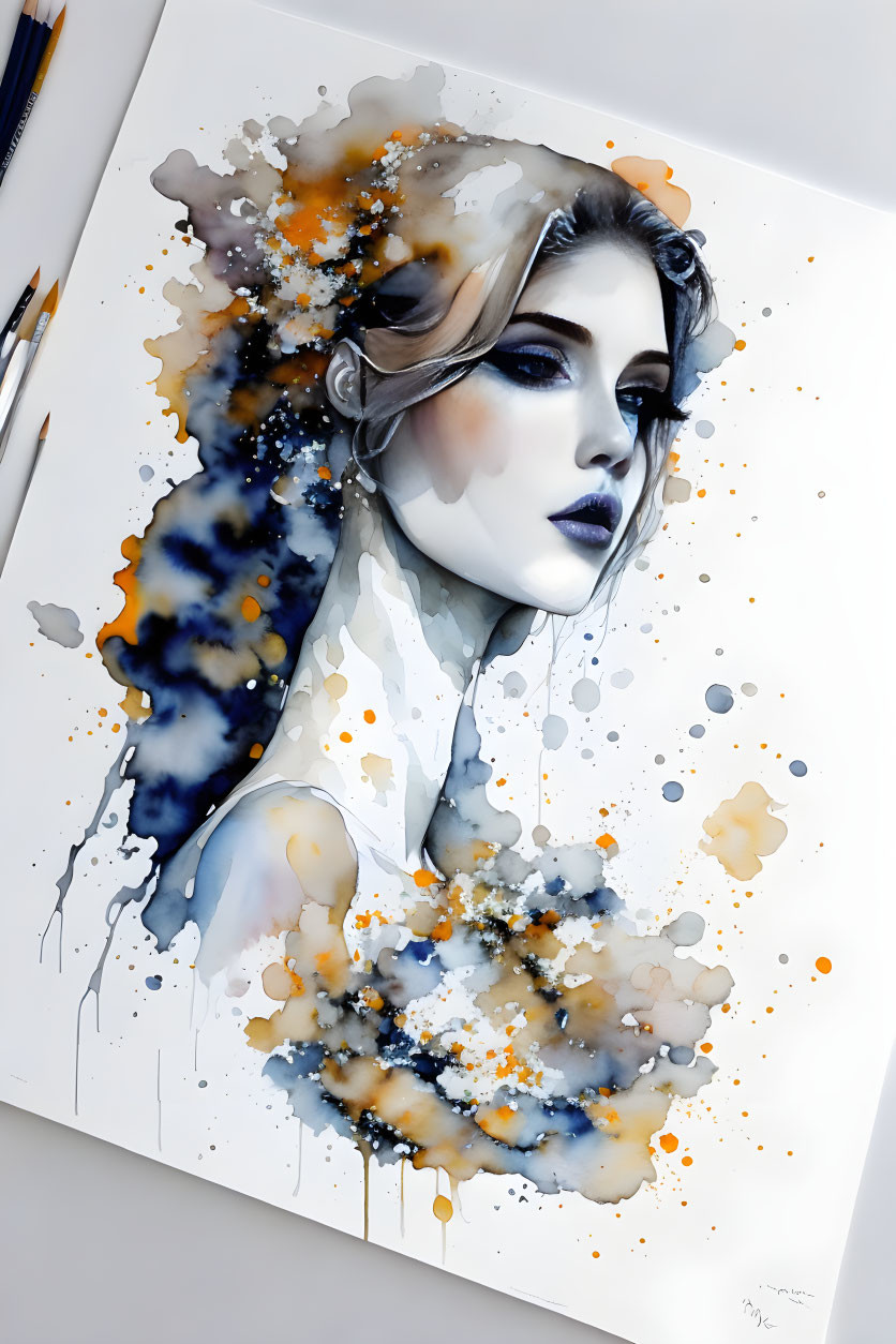 Vivid blue and orange watercolor painting of a woman merging with splashes