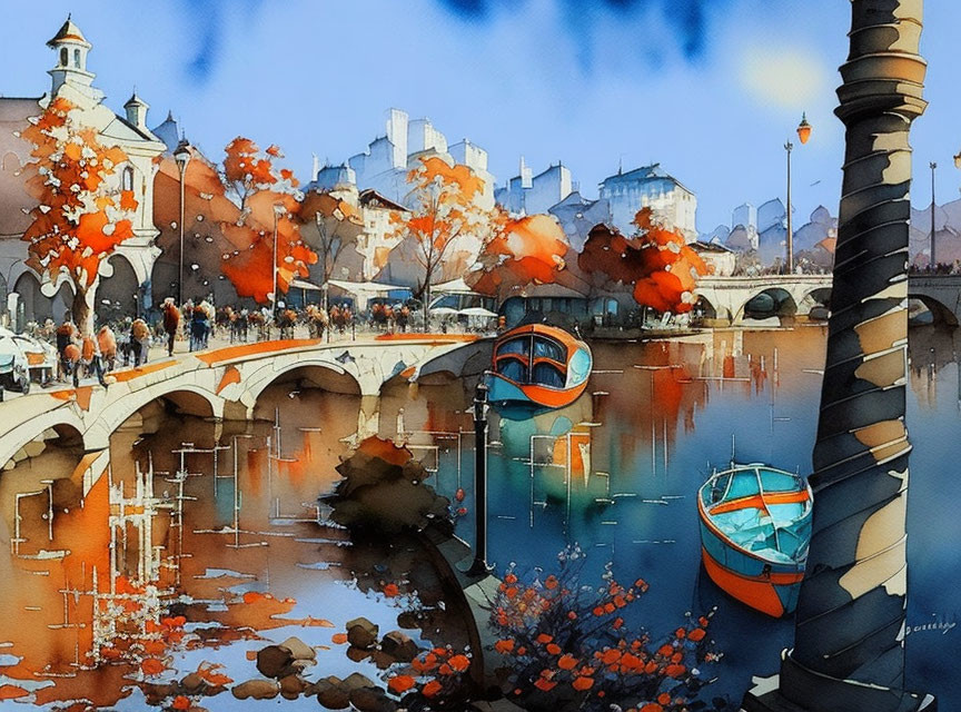 Scenic watercolor painting of riverside town with bridges, boats, and autumn trees