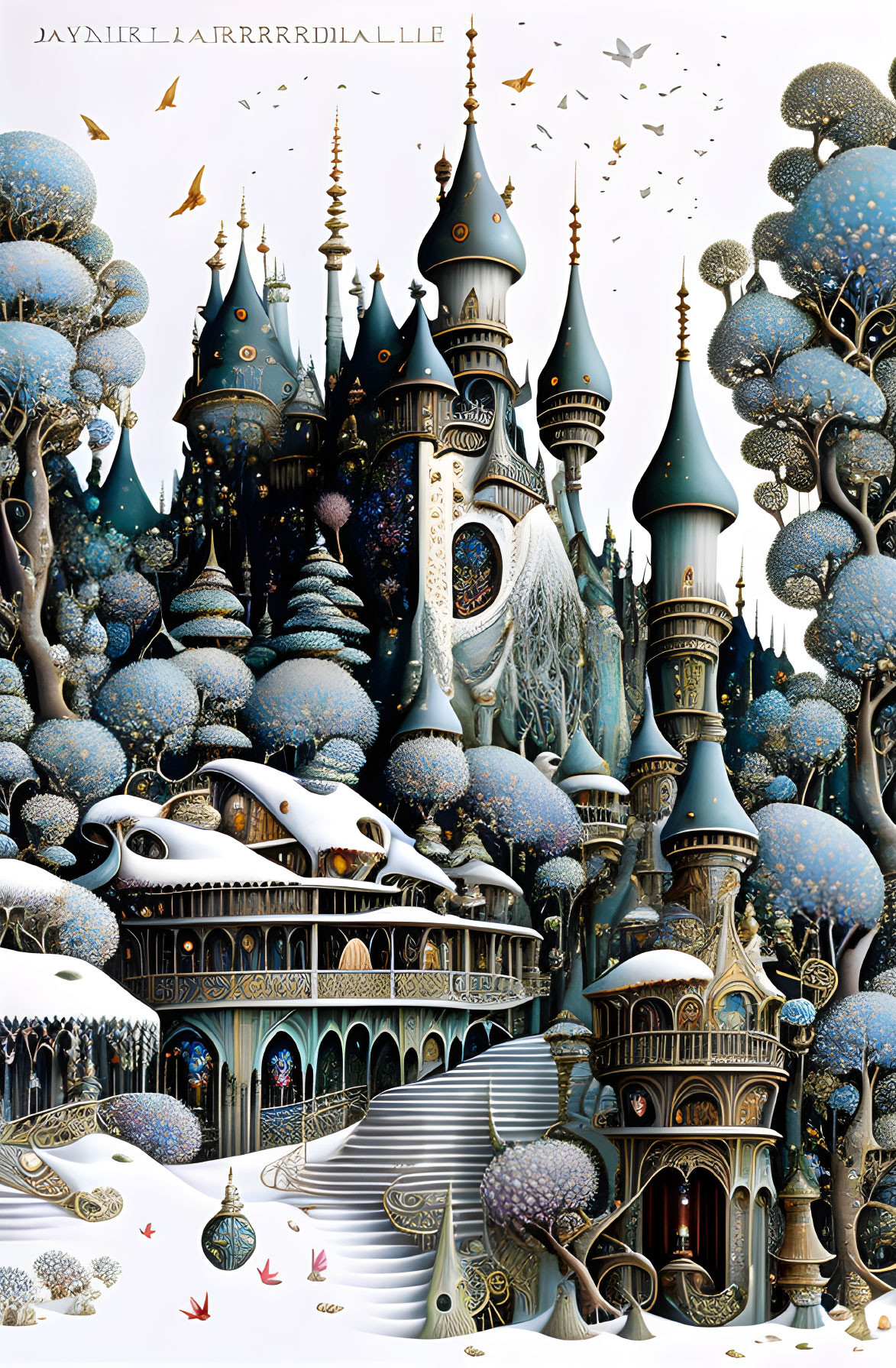 Fantasy landscape with elaborate towers and unique trees