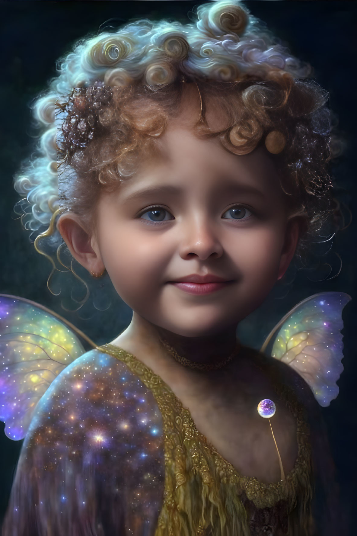 Curly-Haired Child Dressed as Fairy with Translucent Wings