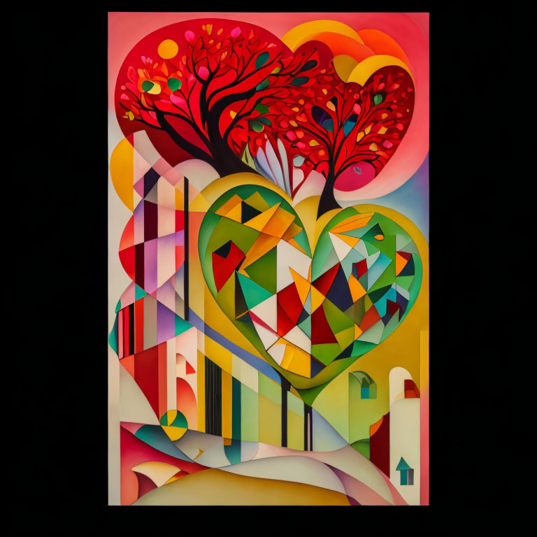 Vivid Heart-shaped Tree Abstract Painting on Black Background