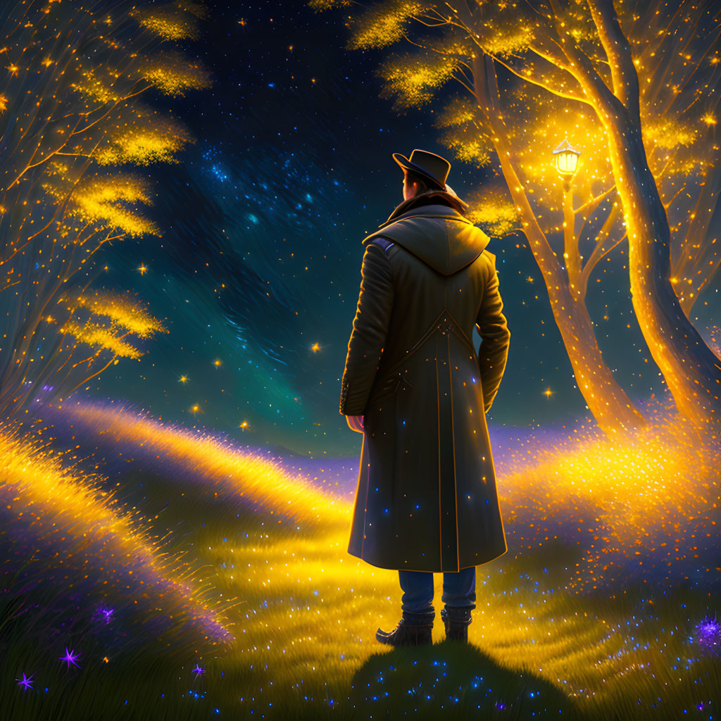 Person in coat and hat in mystical forest with fireflies and lantern