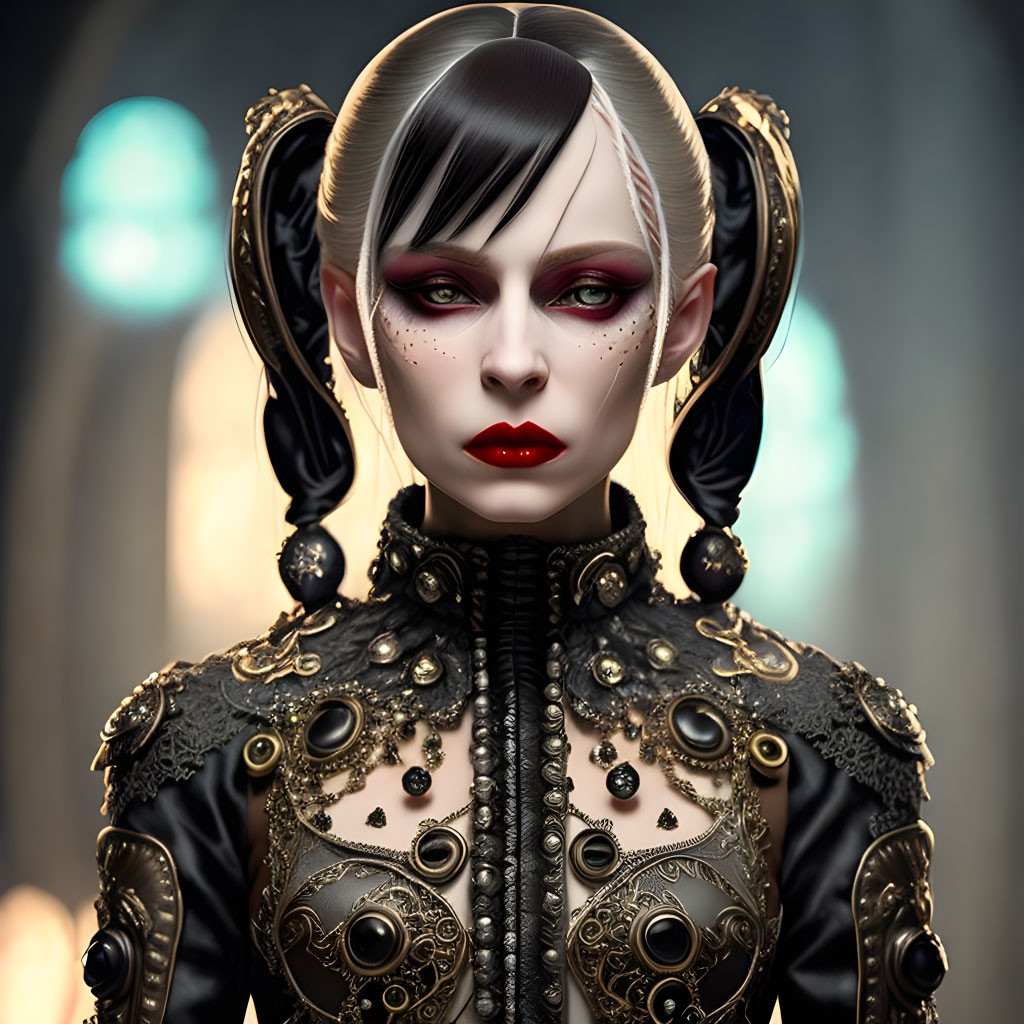 Intricate black and gold attire on stylized female portrait