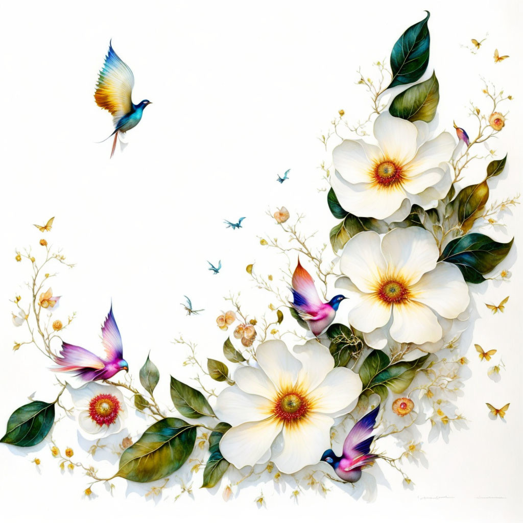 Colorful floral and bird artwork on white background