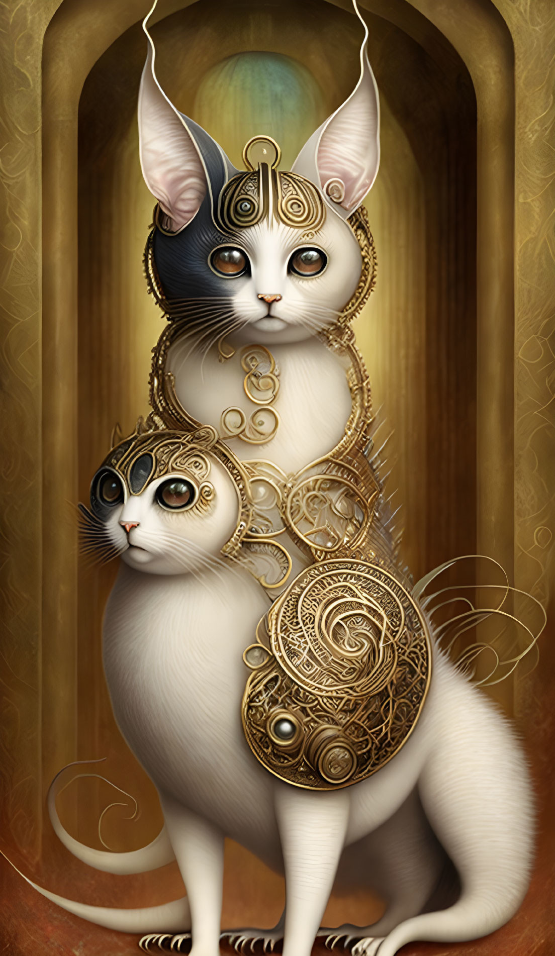 Steampunk-inspired jewelry adorned by two cats on a golden background