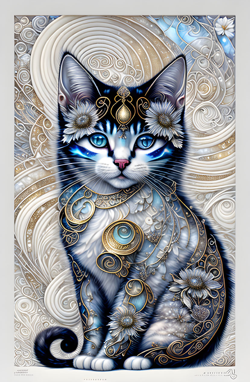 Majestic cat with golden jewelry on ornate blue background