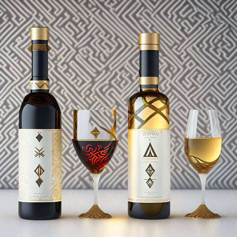 Elegant wine bottles, filled glasses on patterned backdrop