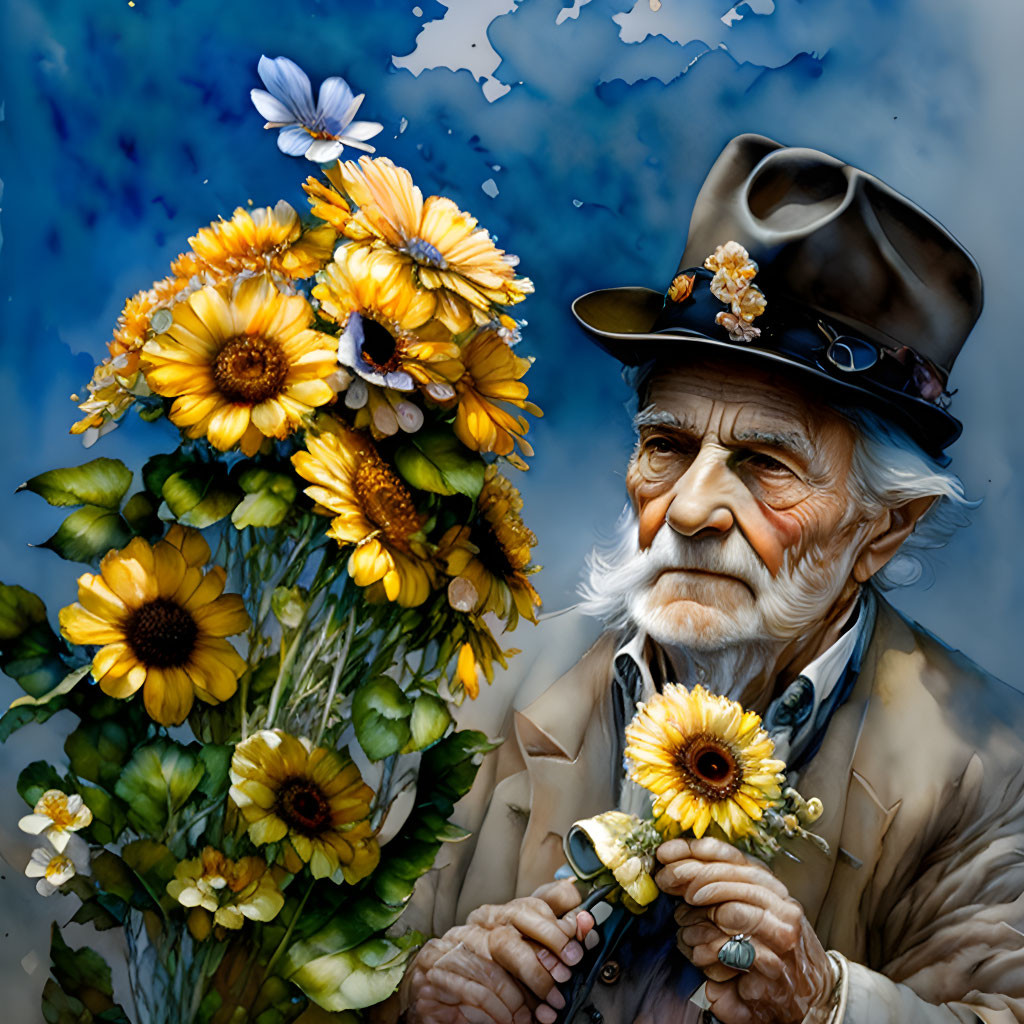 Elderly Man Holding Sunflower with Bouquet and Blue Flower on Blue Background